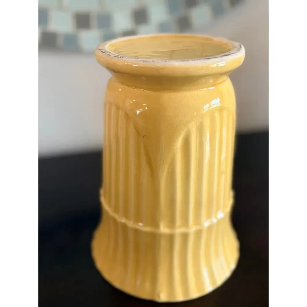 Vtg Yellow USA Pottery Vase Ribbed Fluted Art Deco Mid Century Ceramic Planter